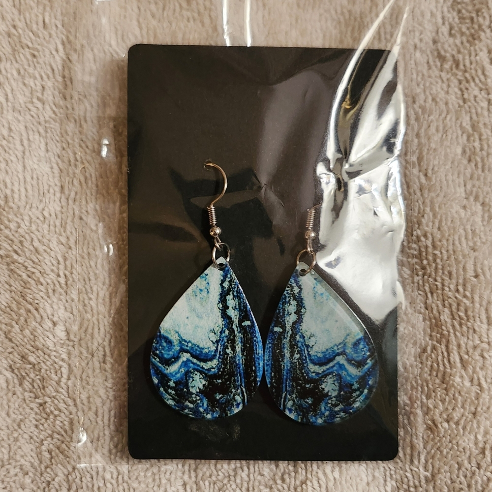 New in Package Blue, Black and White Acrylic Teardrop Earrings